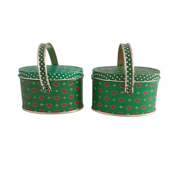 Vintage Dept 56 Christmas Mini Tin Containers Handled Green Set of 2 Holiday - Picture 2 of 8